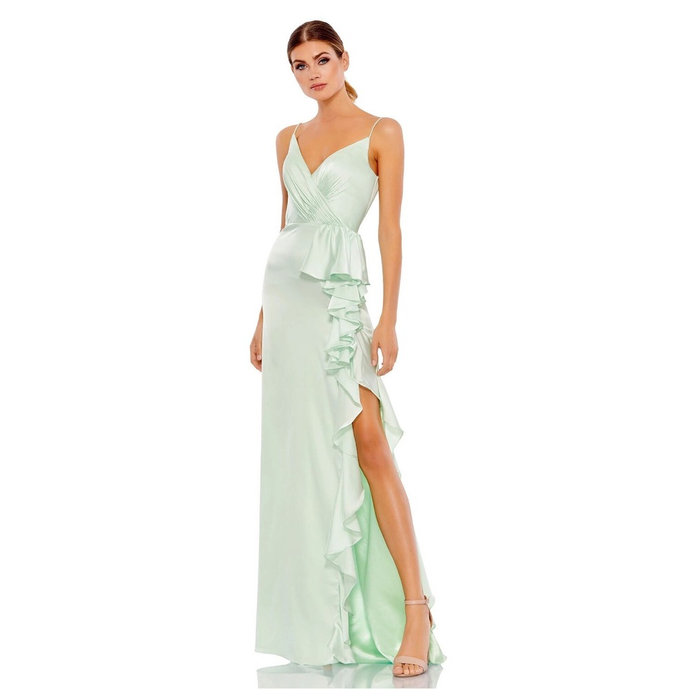 Mac Duggal Pistachio Satin Ruffled Asymmetrical Gown Size 12 67815 NWT NEW Maxi